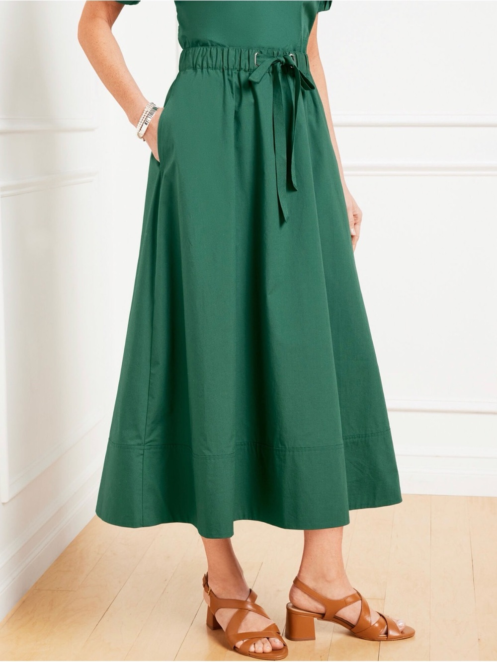 Talbots Modern Poplin Drawstring Midi Skirt A-Line Petite Medium